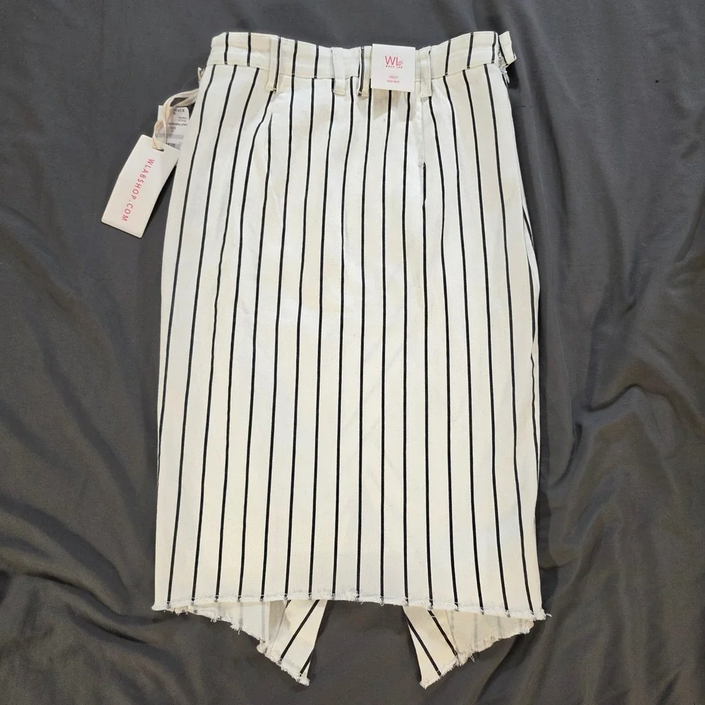 Wash Lab Denim Sally Asymmetrical Skirt 27 Black White Dtriped Midi NWT Raw Hem